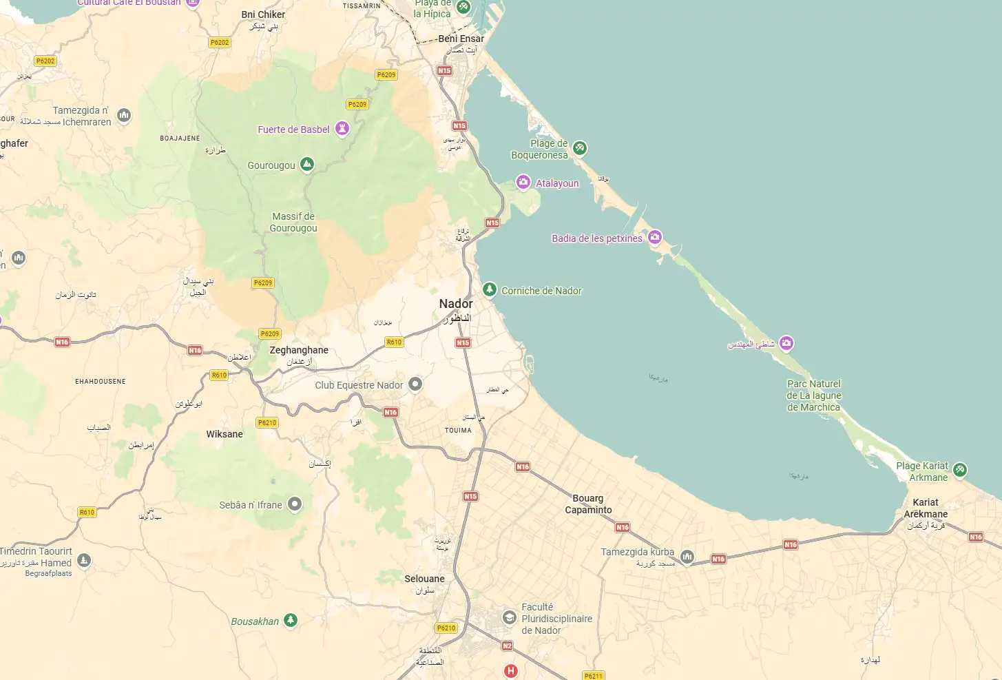 Kaart van het werkgebied rond Nador